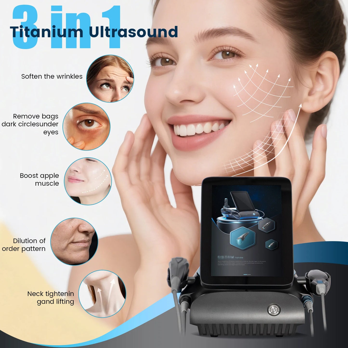 3-in-1 Titanium HIFU Ultrasonic RF Anti-Aging Machine with 3 Handles for Face and Body Lifting - Salon and Home Use